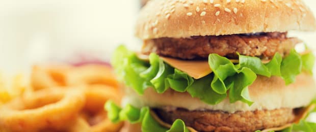 fast food burger and onion rings